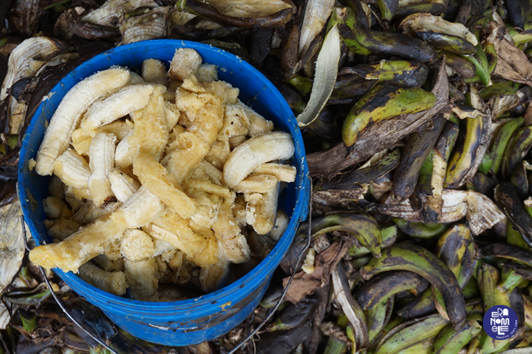 Le banane pronte per essere ridotte a poltiglia